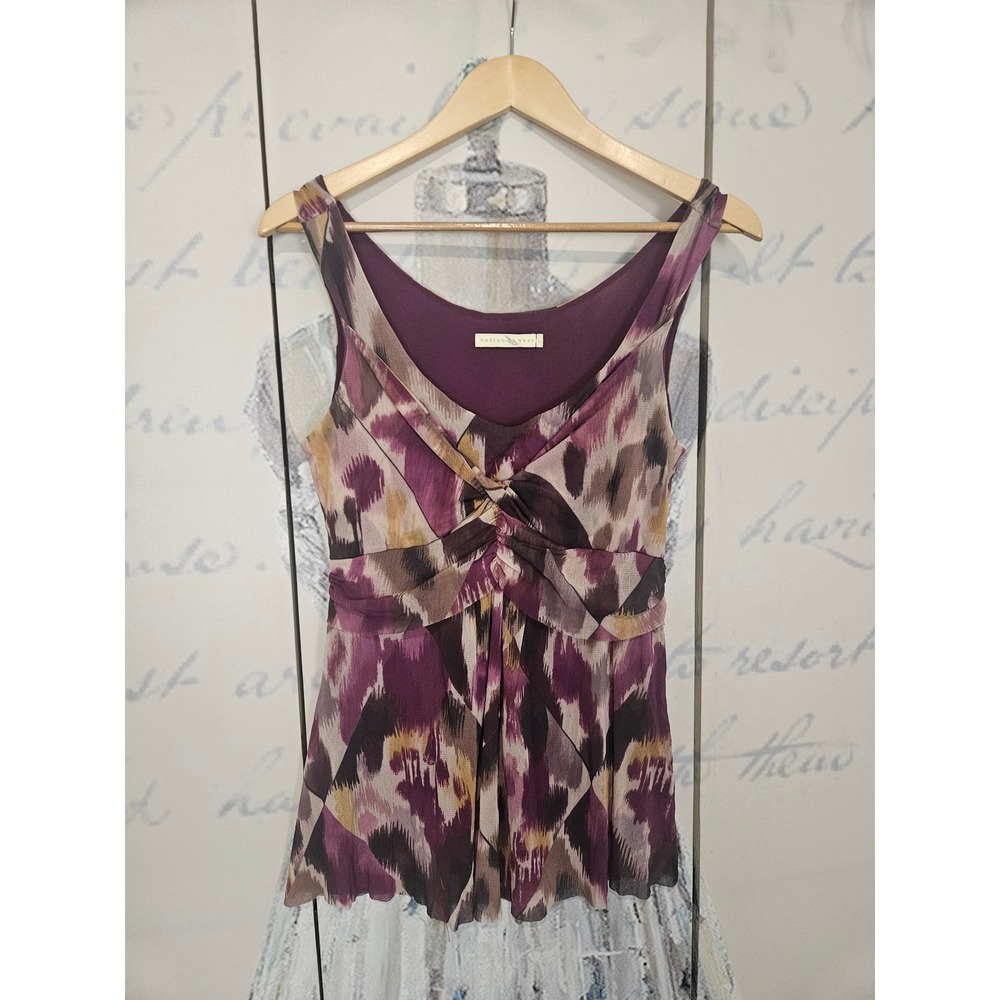 Vintage Y2K Weston Wear Purple Abstract Ikat Mesh Knot Front V-Neck Top Large